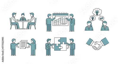 Collection of business teamwork icons depicting meetings, planning, collaboration and partnership