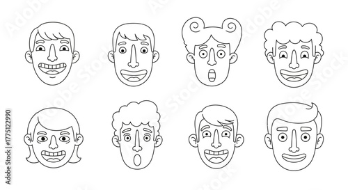Doodle faces showing diverse expressions featuring cheerful smiles and surprised reactions in a