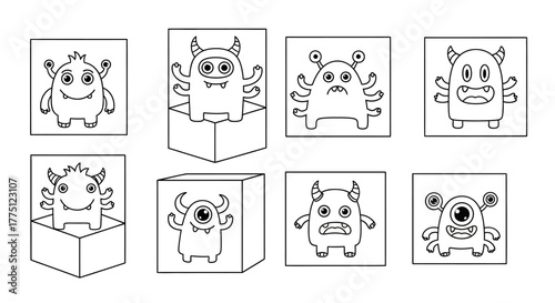 A Collection of Quirky Cartoon Monsters in Boxes and Frames for Fun Illustration