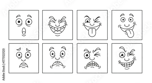 Collection of cartoon faces exhibiting various emotions sketched with meticulous linework