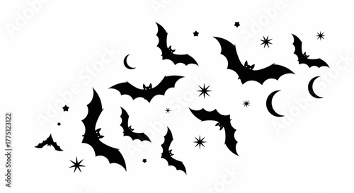 Vector Illustration of Bats Silhouettes Flying with Moon and Stars for Halloween Decoration