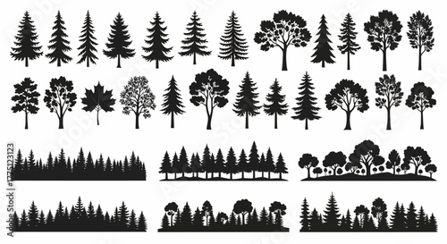 Black Vector Silhouettes Diverse Forest Trees & Bushes Collection
