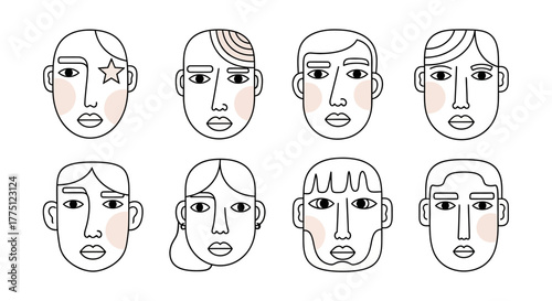 Diverse Minimalist Line Art Portraits: Black Outlines on White Background, eight unique faces
