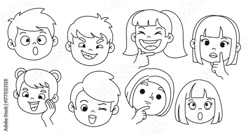 Whimsical cartoon portraits showcase diverse childhood emotions and expressions in monochrome line