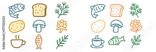 Colorful illustrations of food items and drinks arranged in a playful pattern including fish, bread, and herbs