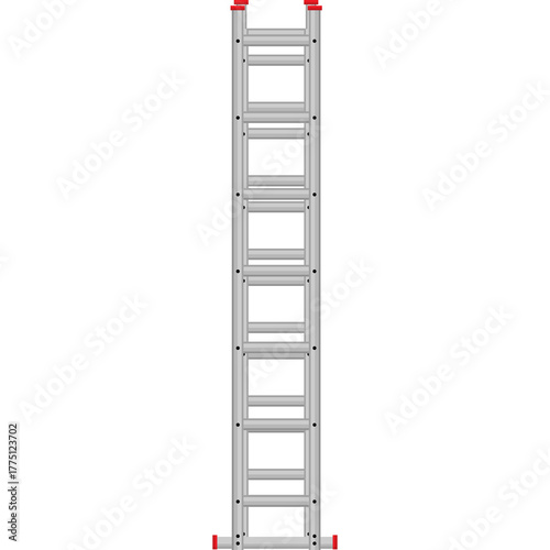 Silver Extension Ladder With Red Top and Bottom Pieces Isolated On White Background