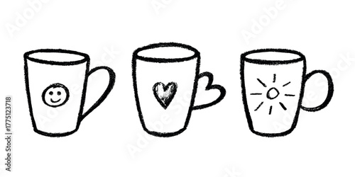 Set of cute hand drawn cup of tea or coffee Simple mug clipart Cozy home doodle Single element for design