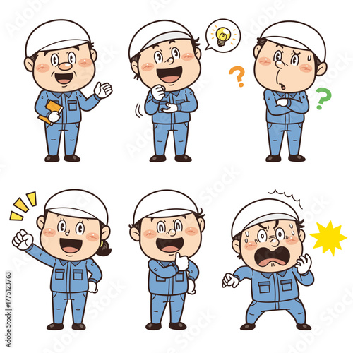 工場や現場で働く作業員のジェスチャーやポーズの人物イラスト｜不安全行動・不安全状態・労働災害