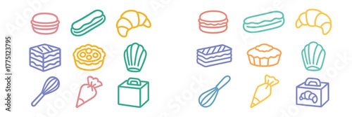 Colorful pastry illustrations showcasing various desserts and baking tools in a playful arrangement