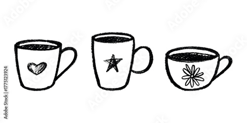Set of cute hand drawn cup of tea or coffee Simple mug clipart Cozy home doodle Single element for design