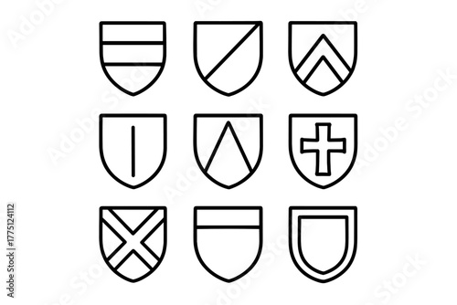 Collection of nine simple shield designs featuring various shapes and symbols for creative projects