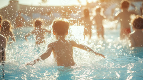 Children playing and splashing in outdoor pool on sunny summer day with sparkling water droplets and bright atmosphere. Concept of childhood, joy, friendship and freedom.