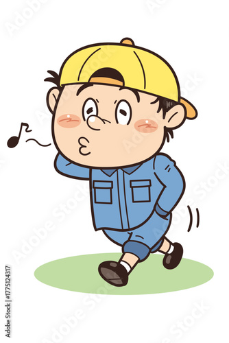 不適切な服装で口笛を吹いている工場・現場作業員イラスト｜不安全行動・不安全状態・労働災害