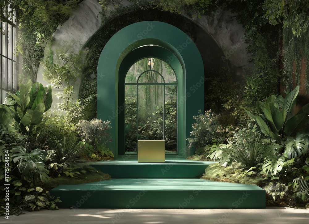 Fototapeta premium A modern, minimalist green podium stands elegantly on a lush, grassy platform surrounded by vibrant tropical plants and foliage. Sunlight pours in through tall windows, creating a serene, jungle-inspi