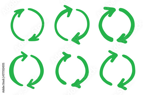 Set of hand drawn recycle arrow icon Recycling resources symbol Reuse of materials, zero waste, green environment, saving the planet