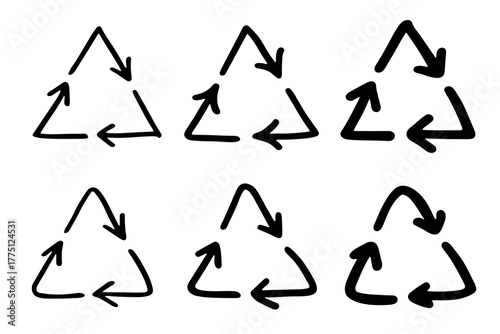 Set of hand drawn recycle arrow icon Recycling resources symbol Reuse of materials, zero waste, green environment, saving the planet