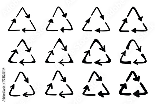 Set of hand drawn recycle arrow icon Recycling resources symbol Reuse of materials, zero waste, green environment, saving the planet