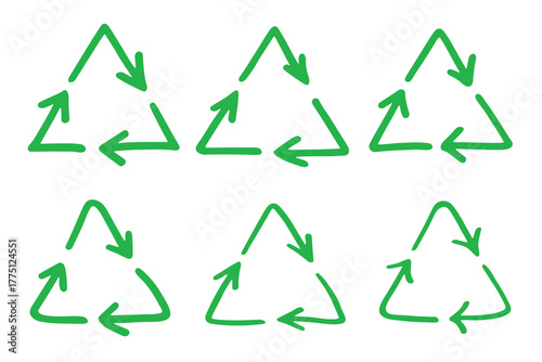 Set of hand drawn recycle arrow icon Recycling resources symbol Reuse of materials, zero waste, green environment, saving the planet