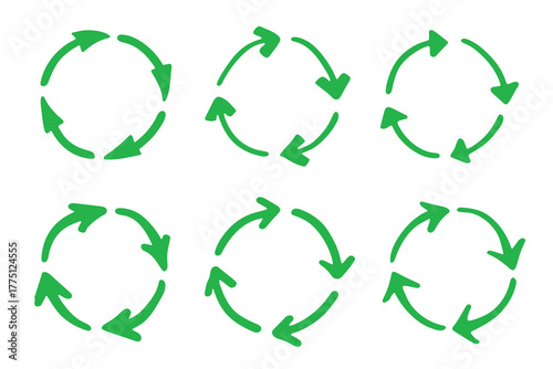 Set of hand drawn recycle arrow icon Recycling resources symbol Reuse of materials, zero waste, green environment, saving the planet