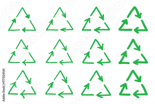 Set of hand drawn recycle arrow icon Recycling resources symbol Reuse of materials, zero waste, green environment, saving the planet