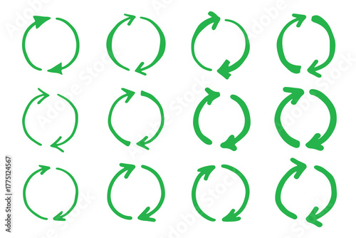 Set of hand drawn recycle arrow icon Recycling resources symbol Reuse of materials, zero waste, green environment, saving the planet
