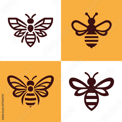 Set of four stylized bee icons with geometric wings and striped bodies on yellow and white backgrounds