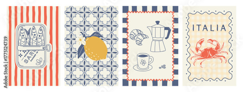Minimalist poster depicting Italian cuisine. Illustration featuring sardines, lemon, coffee, crab. Hand-drawn Italian lifestyle.