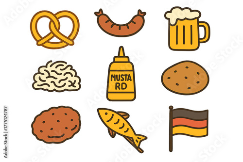 Food items and drinks commonly enjoyed at a German festival in a vibrant and fun illustration