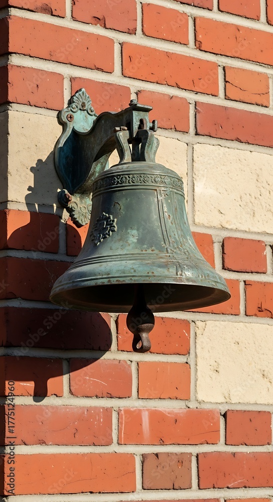 Fototapeta premium Antique bronze bell mounted on a brick wall, casting a shadow.