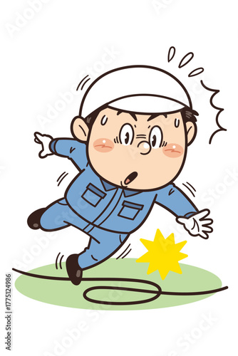 配線コードやケーブルにつまずく工場・現場の作業員イラスト｜不安全行動・不安全状態・転倒・労働災害