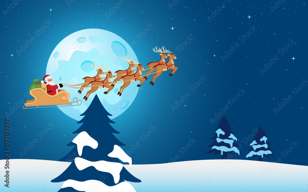 Naklejka premium Santa Claus flying through the night sky in his sleigh with reindeer, with the full moon and snowy pine trees below.
