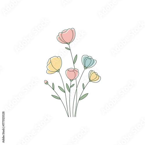 A delicate line drawing of pastel-colored flowers with green stems and leaves on a white background.