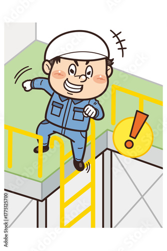 ハシゴを使わず飛び降りようとしている工場・現場の作業員イラスト｜不安全行動・不安全状態・危険・労働災害