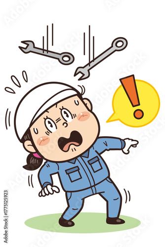 スパナなどの落下物や飛来落下に驚いている工場・現場の作業員イラスト｜不安全行動・不安全状態・労働災害