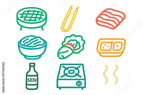 Korean barbecue cooking setup with ingredients and beverages ready for grilling and enjoying together