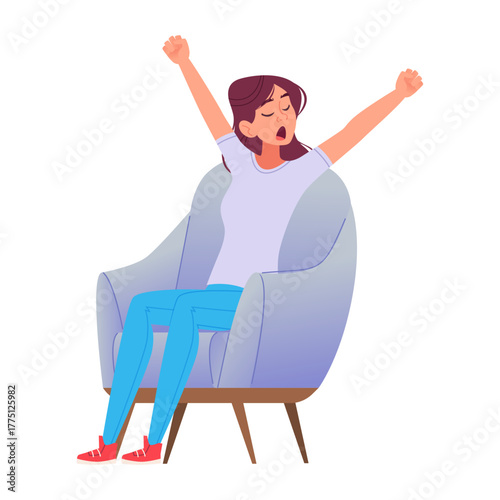 Young Woman Stretching and Yawning Sitting in Armchair