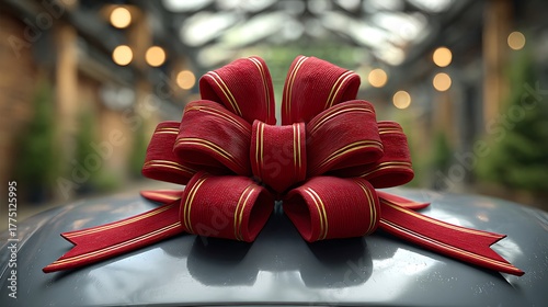 Close-up of car hood with giant velvet bow, showroom lighting reflecting off smooth metallic surface.
