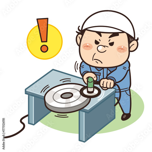 保護具を着用せず不安定な状態でグラインダー作業をしている工場作業員イラスト｜不安全行動・不安全状態・労働災害