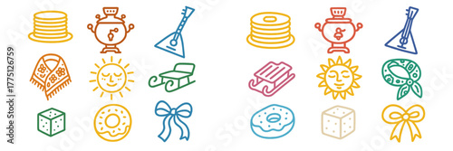 Colorful collection of traditional icons representing various cultural symbols and activities in a festive setting