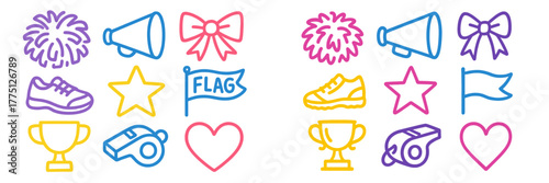 Festive icons featuring sports, cheerleading, and celebration symbols in bright colors on a white background