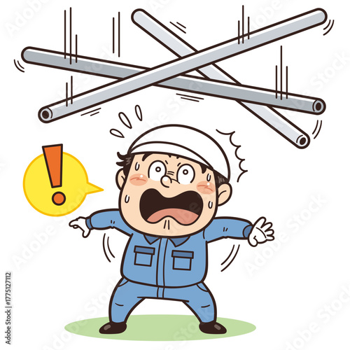 資材やパイプなどの落下物や飛来落下に驚く工場・現場の作業員イラスト｜不安全行動・不安全状態・労働災害