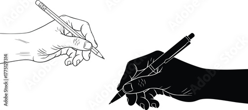 Cad drawing flat vector illustration, hand holding pencil and pen, black and white outline art, creative drawing and writing concept design
