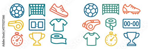 Sports equipment and symbols arranged in a colorful layout representing soccer activities