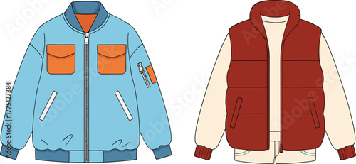 Bomber jacket and puffer vest vector, front view, casual fashion, teal and red color, outerwear mockup, stylish design, editable template