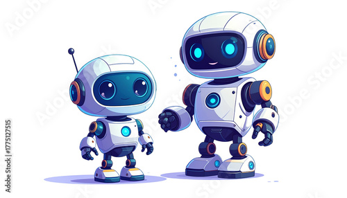 Cute robot duo playful technology illustration, isolated on transparent background