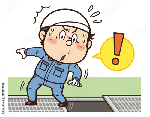 グレーチング未設置のため落下リスクのある工場・現場の作業員イラスト｜不安全行動・不安全状態・労働災害