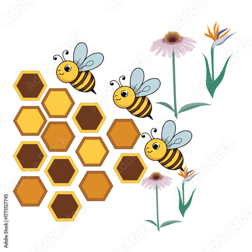 Seamless border pattern with honeycomb and honey bees. Cute beekeeping frame design isolated on white background. Vector illustration