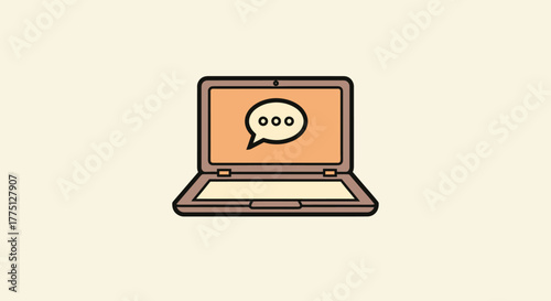 Vector graphic of a laptop open with a speech bubble icon on the screen