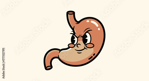 A cartoon stomach with a grumpy face, dark outline, and brown color on an off-white background