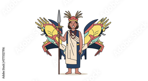 Cartoon person in ceremonial attire, holding a spear, flanked by colorful stylized wings